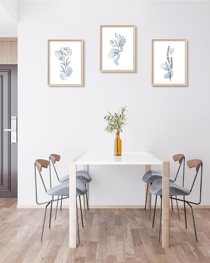 HesenDot Blue Floral Framed Wall Art, Minimalist Botanical Canvas Prints | 12x16IN Set of 3, Wood High Framed Prints, Boho Flowers Artwork, Wall Decor for Living Room Kitchen Bedroom Bathroom