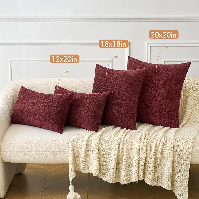 MIULEE Soft Chenille Throw Pillow Covers Burgundy 18x18 Inch Pack of 2 | Modern Home Decor, Classic Decorative Pillows, Solid Dyed Cases, Boho Couch Cushion Covers for Sofa Bed Living Room