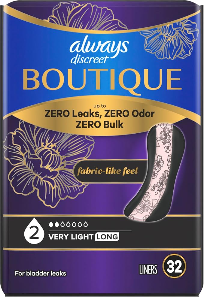 Always Discreet Boutique Adult Incontinence Bladder Leak Panty Liners for Women, Very Light Absorbency, Long Length, Up to 100% Bladder Leak Protection, 32 Count