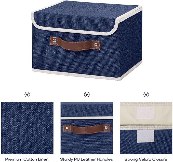 ANMINY Fabric Storage Box Bins with Lids, Blue, 10"x8"x7", 2 Pack | Keepsake Memory Storage, Cotton Linen, PP Board Reinforced, Washable, PU Handles, Foldable & Stackable, Decorative, Small