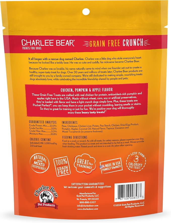 Charlee Bear Grain Free Dog Treats, Chicken, Pumpkin & Apple, 2 oz | Trial Size Bag, Pocket-sized Dog Training Treats, Crunchy Dog Treats, Limited Ingredient Recipe, Under 3 Calories per Treat
