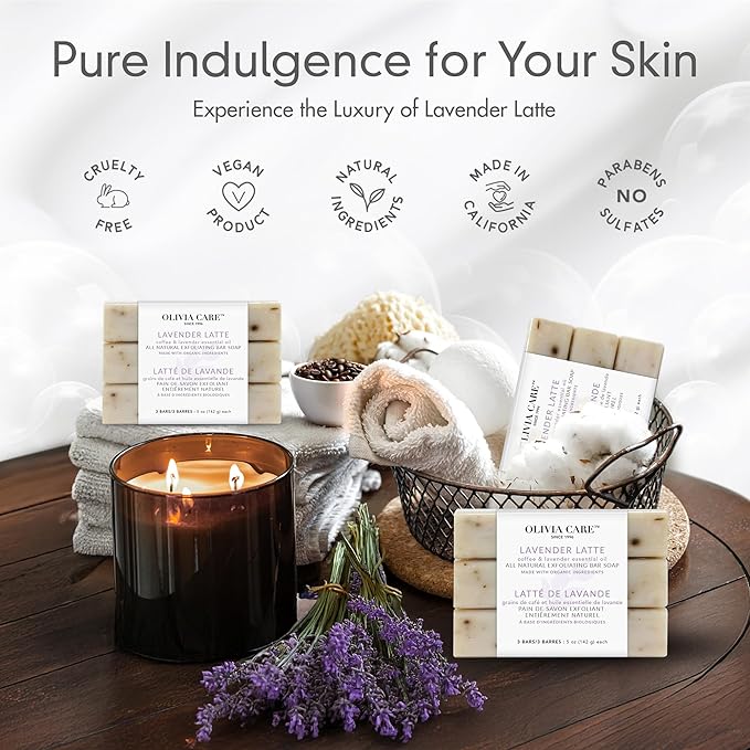 Olivia Care Exfoliating Bar Soap Lavender Latte 3 Pack Natural, Organic. Infused with Coffee Bean & Lavender Essential Oil - 3 X 5 OZ