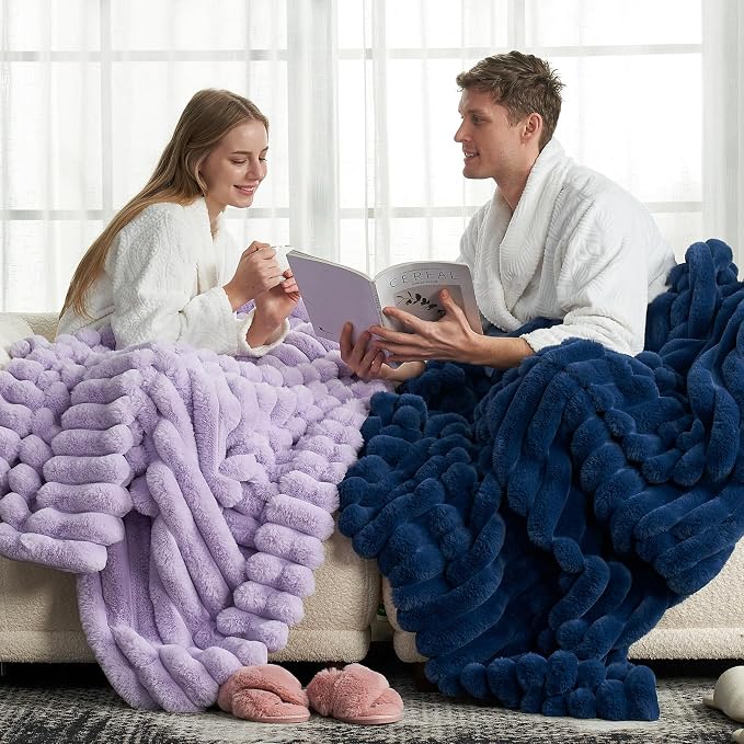 Cozy Bliss Faux Fur Throw Blanket for Couch, Cozy Warm Plush Striped Blanket for Sofa Bedroom Living Room, 50 * 60 Inches Navy Blue