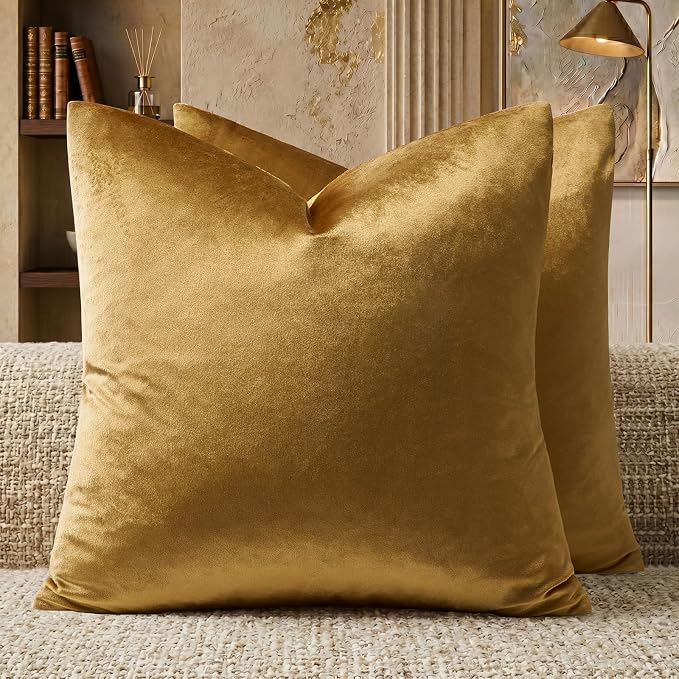GIGIZAZA Golden Throw Pillow Covers 16x16 Decorative Velvet Cushion Covers Pack of 2 Pillowcase for Sofa | Throw Pillows for Couch Sofa,280gsm Soft Textured Fabric,Modern Square Pillowcases,Luxury Cushion Covers