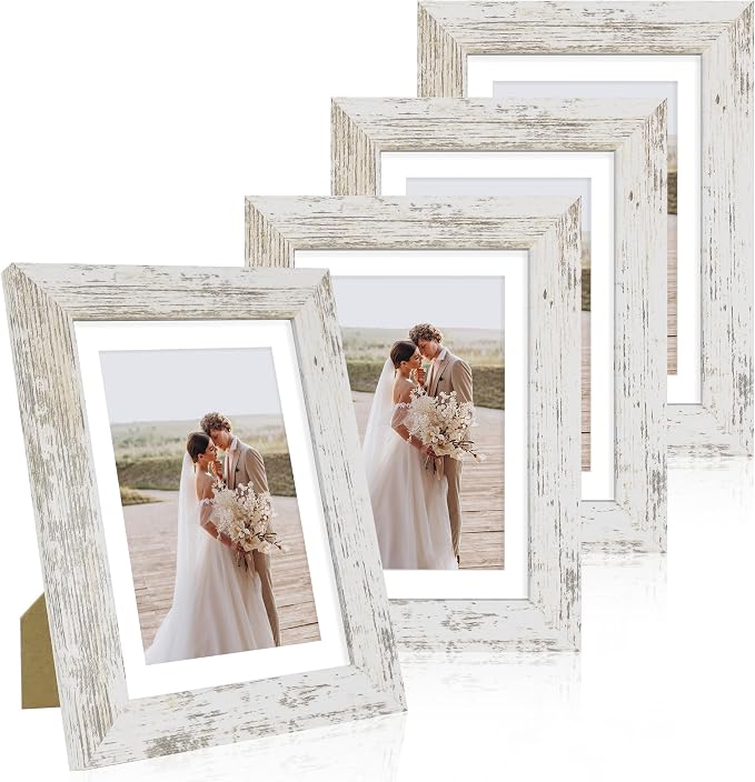 Hongkee 5x7 Picture Frame Set of 4, Made of Real Glass and Distressed White Wooden Frame, 5 by 7 Photo for Wall or Tabletop - Display Picture 4x6 with Mat or 5x7 Without Mat