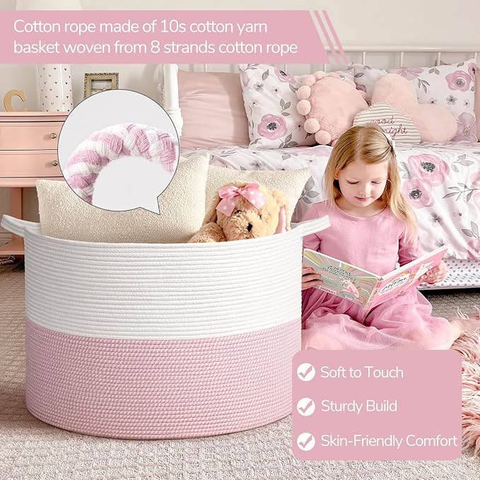 INDRESSME 115L Extra Large Pink Laundry Basket for Stuffed Animal Storage | 23.6" x 15.7" Pink room decor woven rope basket for baby luandry, kids toys pillows. For girls room & nursery, soft-touch
