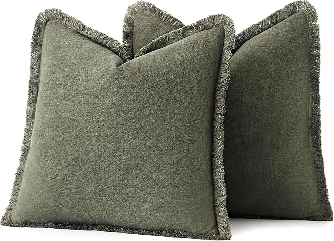 MIULEE Linen Fringe Decorative Euro Throw Pillow Covers Olive Green 22x22 | Set of 2, Cottagecore Decor, Boho Farmhouse Neutral Pillow Covers, Rustic Couch Cushion Cases for Sofa Bed Living Room