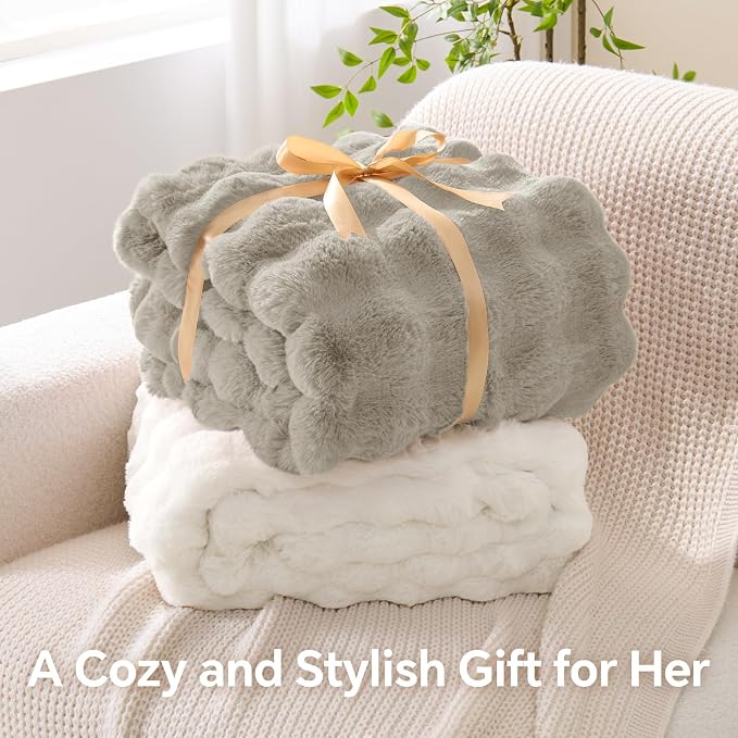 BEDELITE Faux Fur Throw Bubble Blanket for Couch, 50" x 60", Linen | 870GSM Soft Cozy Plush Blanket for Sofa & Bed Living Room Decor, Warm Fuzzy Faux Rabbit Fur for Women Gift, All Season Use