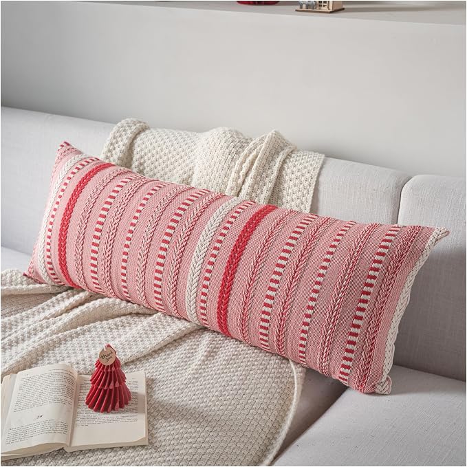 Cethom Christmas Lumbar Pillow Covers 14x36 Long, Farmhouse Boho Christmas Decoration Couch Pillow Cases, Red Accent Pillows of Bed, Sofa Bedroom Living Room Home Decor Cushion Cover, Pack of 1
