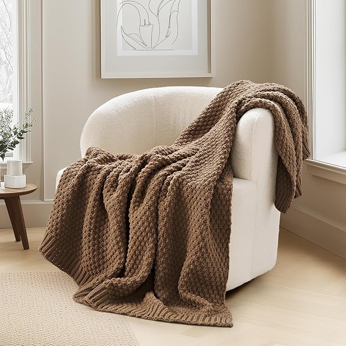 EVERGRACEHOME Chunky Chenille Knit Throw Blanket, 60 x 80, Camel Brown | Sculpted Moss Stitch, Chic Modern Farmhouse, All-Season Warmth, OEKO-TEX® Certified, Elegant Blanket for Couch, Bed, Sofa