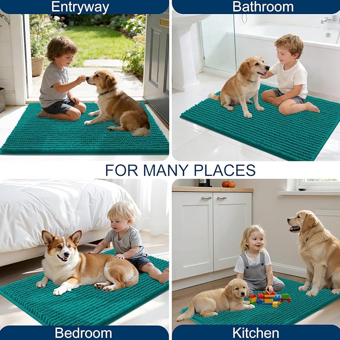 OLANLY Dog Door Mat for Muddy Paws 24x16, Extra Absorbent Chenille Mud Mat | Dark Blue, Absorbs Moisture and Dirt, Non-Slip Machine Washable Doormat, Quick-Drying Indoor Entryway Floor Mat for Dogs