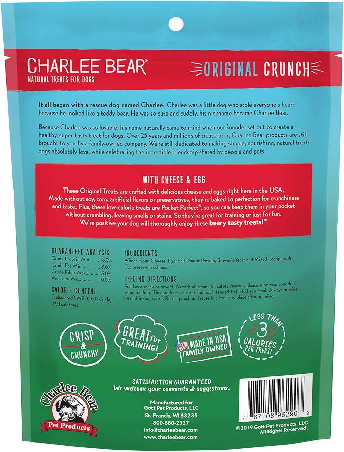 Charlee Bear Original Crunch Dog Treats, Cheese and Egg, 16 Ounce Resealable Bag, Low Calorie Training Treats for Dogs, Limited Ingredient, Healthy, Crunchy Dog Snacks, Made in USA (Pack of 2)