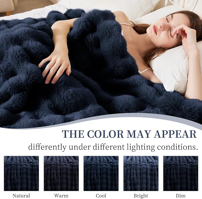 Faux Rabbit Fur Throw Blanket for Couch, Navy Blue Throw Blankets 50"x60" | Cozy Reversible Fluffy Throw, Luxury Plush Thick Bubble Blanket, Mothers Gifts for Women, Soft Warm for Bed, Home Decor