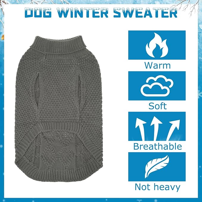 Mihachi Turtleneck Dog Sweater - Winter Coat Apparel Classic Cable Knit Clothes with Leash Hole for Cold Weather, Ideal Gift for Pet in New Year Smoky Gray Small/Medium
