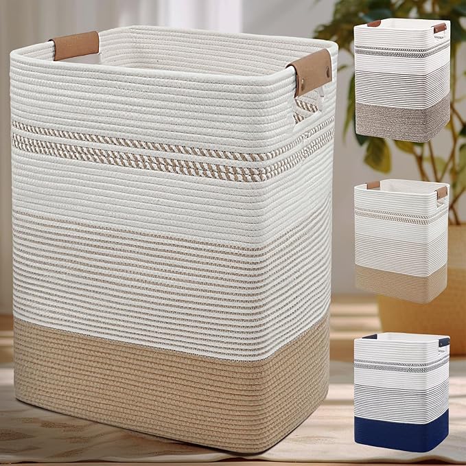 Laundry Hamper, 85L Cotton Rope Laundry Basket, Jute & White | Foldable nursery hamper with leather handles; store blankets, toys, baby clothes and laundry in bedroom or living room