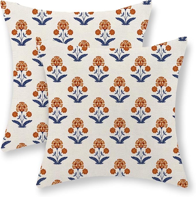 Orange Navy Blue Floral Pillow Covers 18x18 Set of 2, Vintage Block Print Flower Decorative Throw Pillows Modern Rustic Cushion Covers for Sofa Couch Bed Living Room Home Decor for Couch Sofa