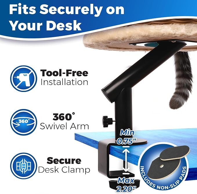PetLovers Cat Desk Bed - Rattan Elevated Desk Cat Bed Attachment with Removable Washable Cushion, 360° Swivel Arm, Secure Clamp - Keeps Your Pet Close While You Work or Play