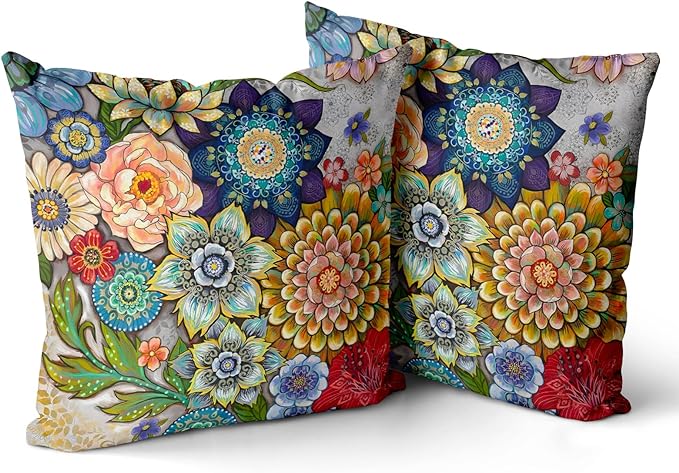 Snycler Boho Floral Throw Pillow Covers Set of 2 Colorful Boho Flower Decorative Cushions Pillowcase for Bedroom Sofa Home Decor, 16x16 Inch, Velvet, Short Plush