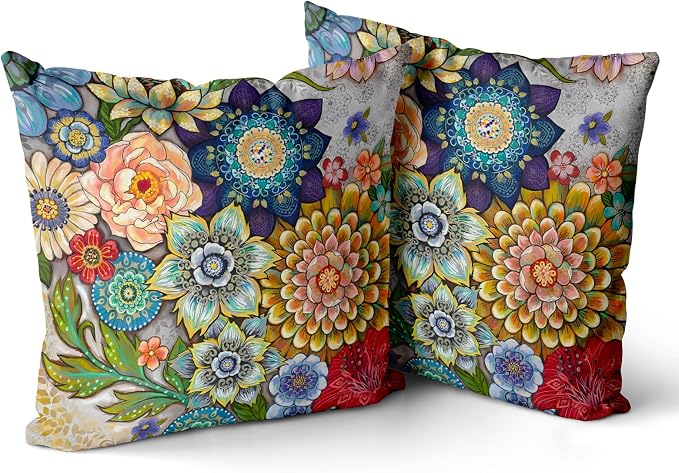 Snycler Boho Floral Throw Pillow Covers Set of 2 Colorful Boho Flower Decorative Cushions Pillowcase for Bedroom Sofa Home Decor, 18x18 Inch, Velvet, Short Plush