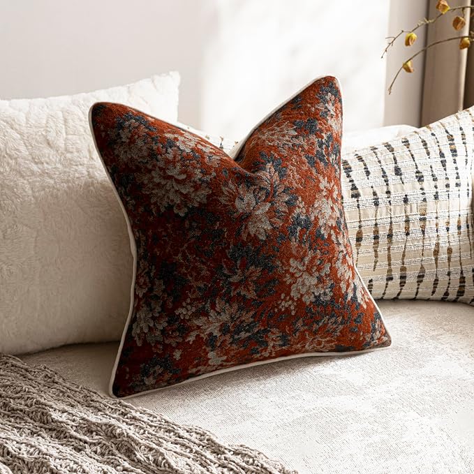 Pack of 2 Vintage Floral Throw Pillow Covers 18x18 Boho Farmhouse Accents Chenille Square Decorative Pillow Cases for Living Room Couch Bed Home Decor, Rust