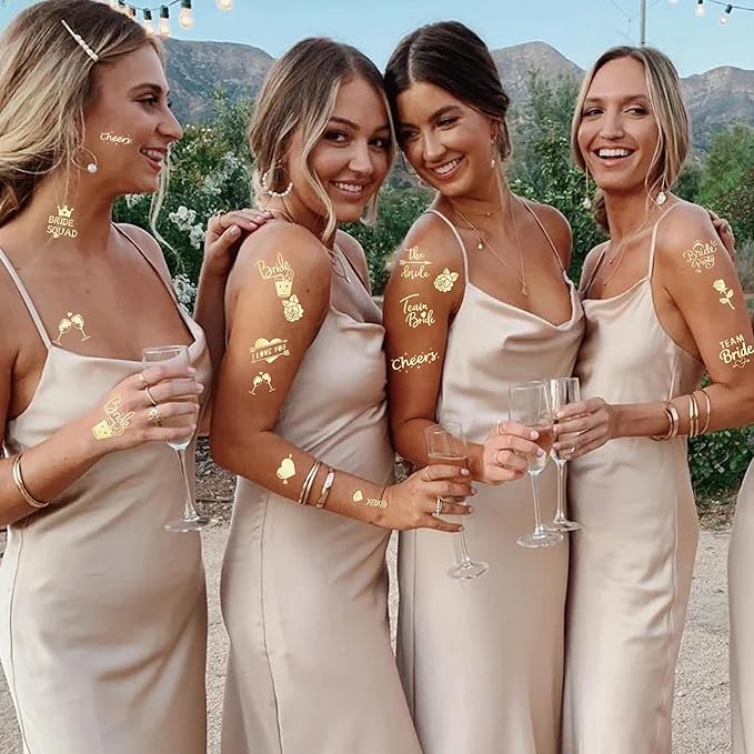 Bride's Babes Bachelorette Temporary Tattoos, Bride Tribe Cheers Gold Metallic Tattoos for Bachelorette Party Bridesmaid Favors Decorations(I love you)