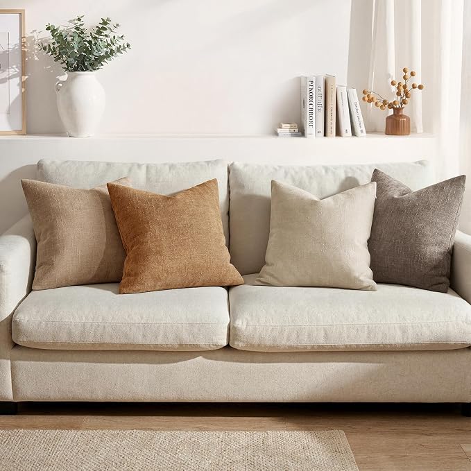 MIULEE Textured Chenille Throw Pillow Covers 20x20 Inch Beige | Pack of 2 Decorative Soft Throw Pillows, Solid Textured Cushion Covers, Modern Home Decor for Couch Sofa Bedroom Living Room