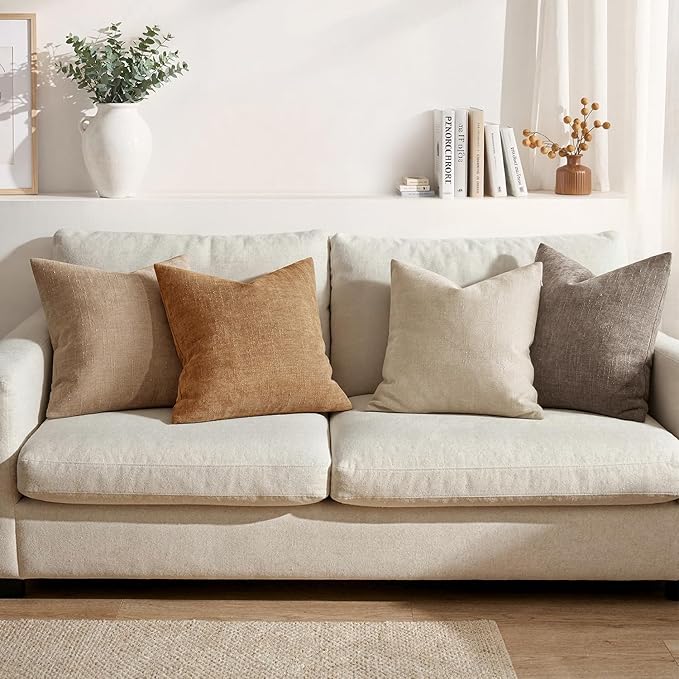 MIULEE 26x26 Inch Euro Textured Chenille Throw Pillow Covers Beige | Pack of 2 Decorative Soft Throw Pillows,Solid Textured Cushion Covers,Modern Home Decor for Bed Couch Sofa Bedroom Livingroom