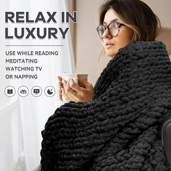 Chunky Knit Blanket - Luxury Soft Cozy 40 * 50 Throw Blanket,100% Woven Blanket Rope Knot Throw Blanket for Couch, Sofa, Home Decor, Gift - Machine Washable（Black）