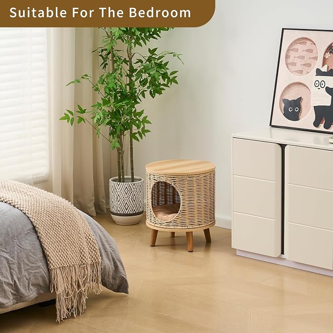 Rattan Cat House End Table, 2-in-1 Cat Bed Side Table, Stylish Pet Furniture for Indoor Cats in Living Room and Bedroom Natural