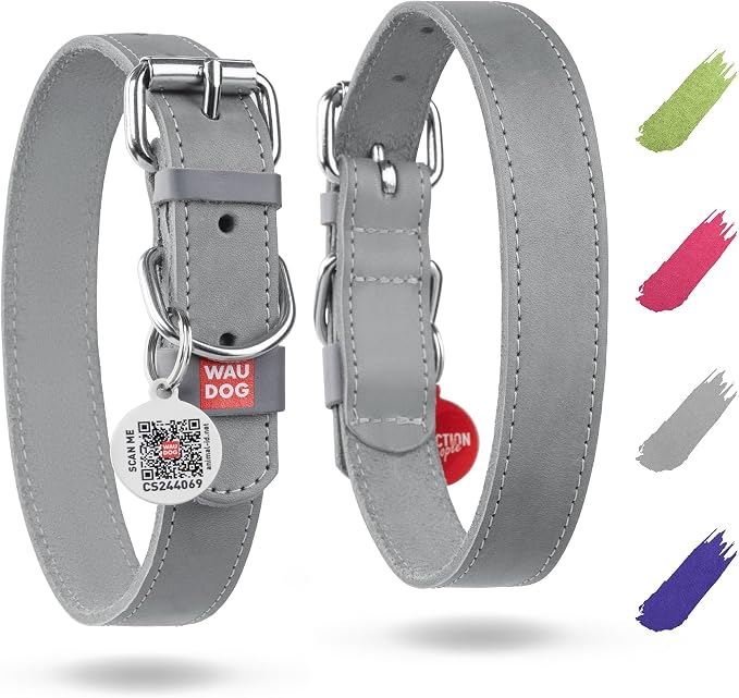 WAUDOG Genuine Leather Dog Collar Adjustable Large Medium Small QR Code Tag