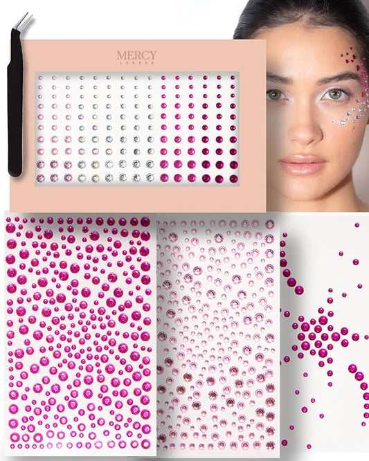 MERCY LONDON Face Gems in Pink, 866 Self Adhesive Rhinestone Stickers for Face, Eye, Makeup, Body, DIY Face Gems