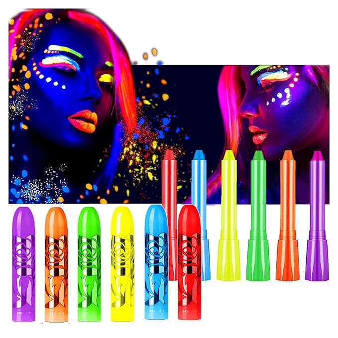 Glow in The Black Light Face Paint Crayons Kit, UV Black Light Makeup Neon Face and Body Paint Sticks Markers for Mardi Gras Halloween Masquerades Makeup