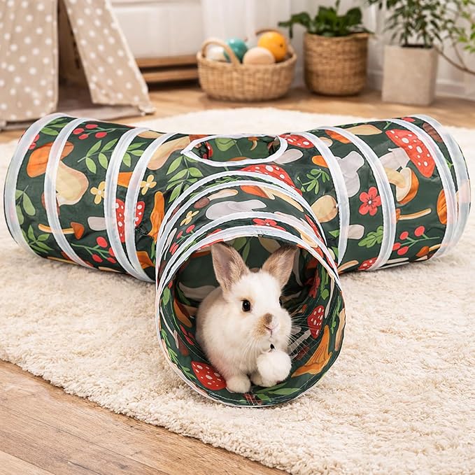 HERCOCCI Rabbit Toys, Bunny Tunnel & Tube, Collapsible 3 Way Rabbit Hideout Tunnel with Chew Toy for Bunny Guinea Pig Ferret Kitten