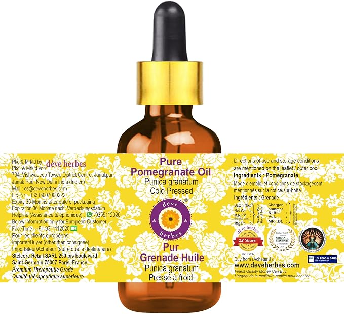 dève herbes Pure Pomegranate Oil (Punica granatum) with Glass Dropper Cold Pressed 100ml (3.38 oz)