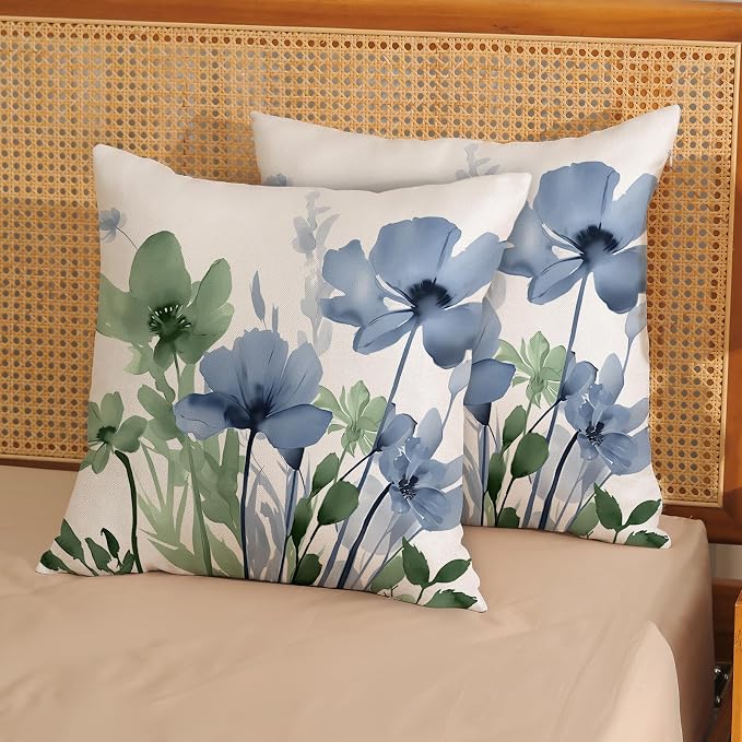 Spring Floral Pillow Covers 16x16 Inches Set of 2 Green Blue Floral Throw Pillow Covers Outdoor Rustic Summer Flower Decoration Pillowcase Farmhouse Decorative Cushion Cover for Couch Sofa