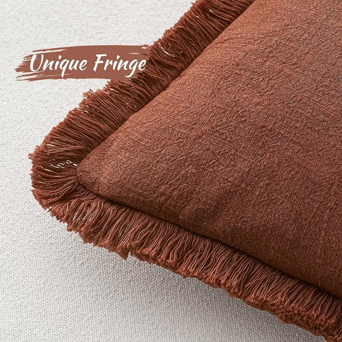 MIULEE Linen Fringe Decorative Fall Throw Pillow Covers Late Autumn 18x18 | Set of 2, Cottagecore Decor, Boho Farmhouse Neutral Pillow Covers, Rustic Fall Couch Cushion Cases for Sofa Bed Living Room