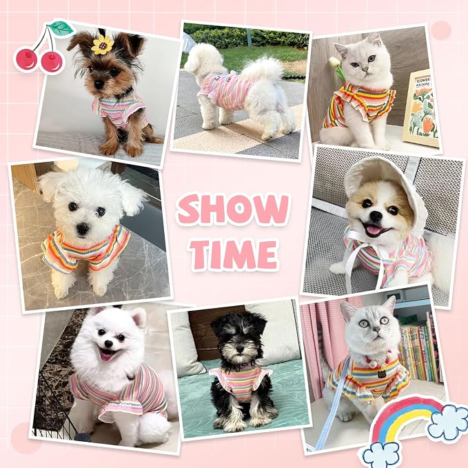2 Pack Cute Striped Small Dog Shirts, Soft Cotton Girl Dog Clothes Breathable Ruffled Puppy Vest Spring Summer Pet Outfits for Chihuahua Yorkie Maltese and Cats（Pink+Orange,Large）
