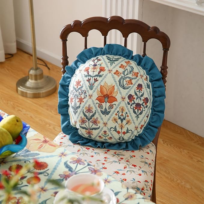 Linen Round Throw Pillow Cover,Set of 2,Diameter 16"-Floralsea A | Designer French Elegant Pillow Cover,Concealed Zipper Design,Sofa,Bedroom,Living Room,Lounge Chairs,All Season Home Decor