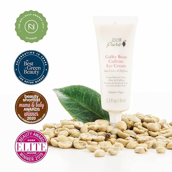 100% PURE Coffee Bean Caffeine Eye Cream Refresh & Hydrate Under Eye Treatment Reduce Puffiness, Dark Circles, Wrinkles with Green Tea, Rose Hip, Vitamin E - Youthful Vibrant Eyes - Vegan - 0.3 oz