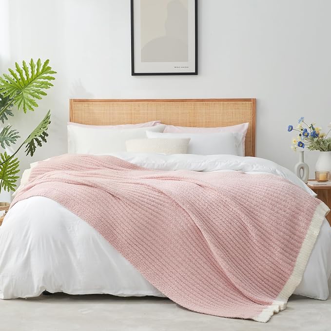 Snuggle Sac Summer Pink Throw Blanket for Couch, Soft Cozy Ribbed Fluffy Blankets for Women, Warm Microfiber Knit Cute Throws for Girls Daughter Gifts, Pink, 50x60 inches