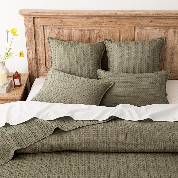 Foindtower Set of 2 Decorative Cotton Waffle Weave Throw Pillow Covers Euro Shams Cushion Covers Accent European Pillowcase for Bed Couch Sofa Bedroom Living Room Home Decor 18×18 Inch Olive Green