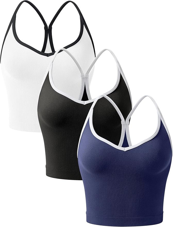 OLCHEE Womens 3PK Crop Tank Tops Seamless Ribbed Sweetheart Neck Racerback Spaghetti Straps Contrast Trim Workout Yoga Cami