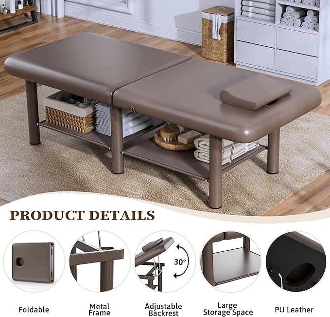 Olela Wide Foldable Massage Table - Professional Massage Table with Adjuatable Backrest & Large Storage Space, Treatment Tables with Metal Frame and Pu Leather for Spa, Beauty, Rehabilitation