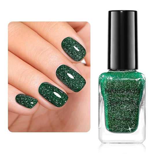 Nail Polish Glitter Green Regular Nail Polish Non-gel, Quick Air Dry, Vegan, Rich in Castor Oil, Streak-free Salon Quality Sparkle Nail Art DIY Home Travel Manicure Gift for Women Girls