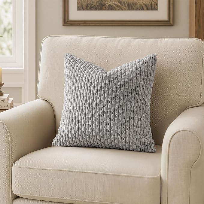 MIULEE Decorative Throw Pillow Covers 20x20 Light Grey Textured Corduroy | Pack of 2 Striped Pillow Covers Modern Farmhouse Home Decor for Couch Bed Sofa Living Room