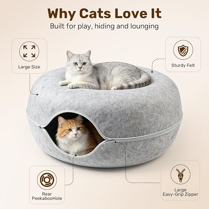 Cat Caves for Indoor Cats, Large Cat Tunnel for Multiple & Large Cats, Scratch Detachable Cave Bed, Kitten Donut Kitty Hideaway Up to 45 Lbs (Light Grey, Jumbo, 1 Pack)