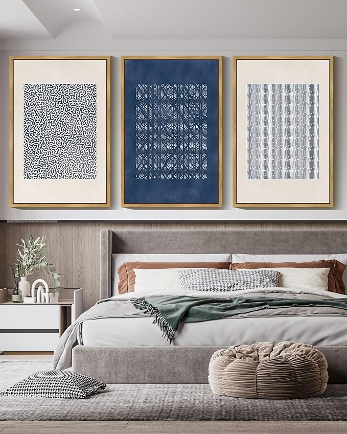 Drsoum Blue Mid-Century Modern Framed Wall Art Large 24x36in Minimalist Abstract Boho Wall Decor Geometric Artwork Kitchen Dining Room Black Framed