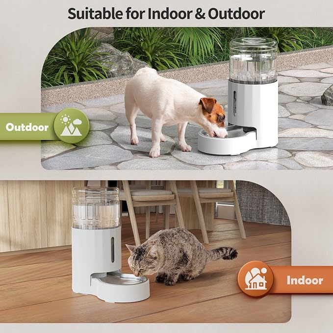 JUNSPOW Cat Water Dispenser with Stainless Steel Bowl (4L White) | Automatic Gravity Water Dispenser for Cats or Small Medium Size Dogs, Large Capacity, Easy to Clean