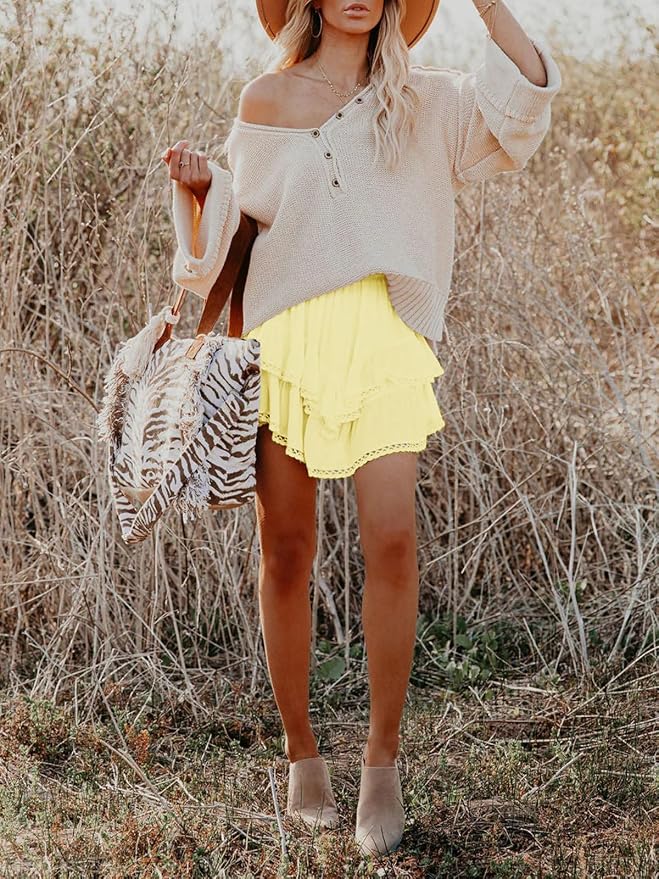 Flowy Shorts for Women Casual Boho Ruffle Tiered Skorts High Waist Mini Skirts Golf Tennis Crochet Shorts