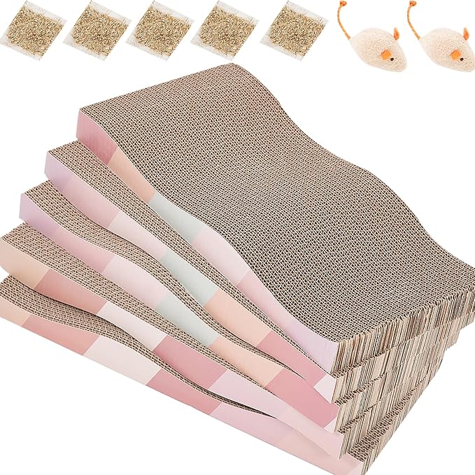 SIDAZON Cat Scratching Pads Cardboard Cat Scratchers for Indoor Cats Reversible Large Wide Corrugated with Catnip and Mini Toy(5pcs)